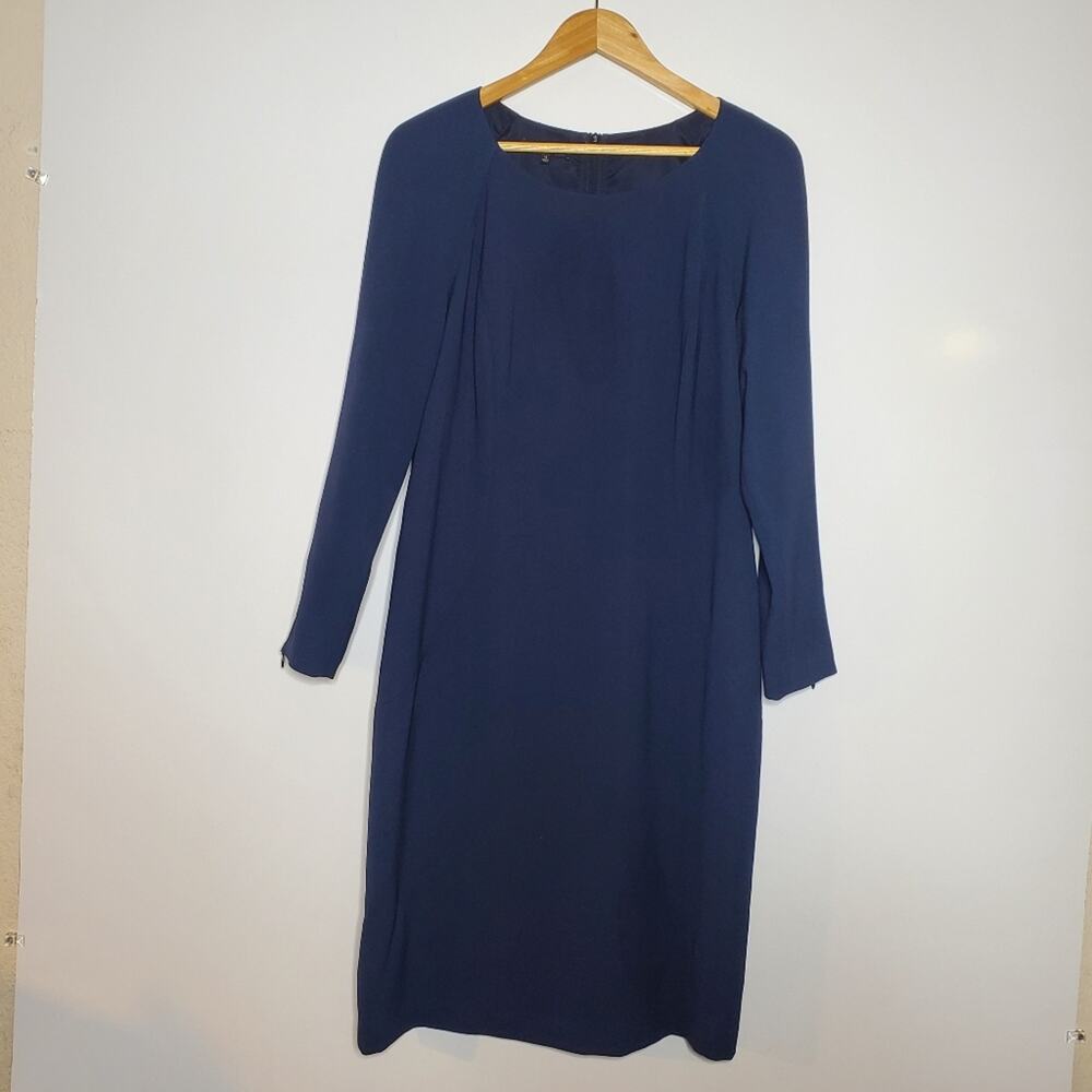 Lafayette 148 NY Sheath Dress Armada Navy Blue Leather Trim Size 12